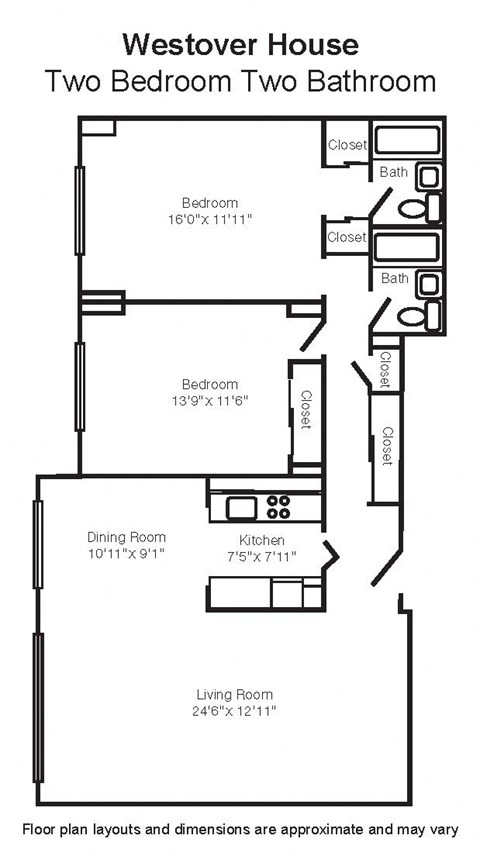 Floor plan for 2 beds, 2 baths